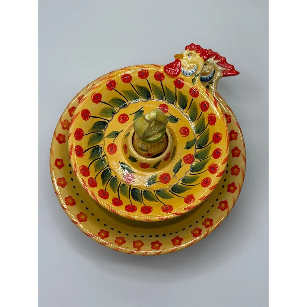 Dario Farrucci Design Yellow‎ Floral Rooster 2 Tier Ceramic Serving Stand Tray